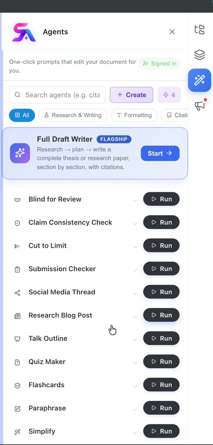 The Agents Library panel listing one-click agents — Full Draft Writer, Claim Check, and more — each with a Run button.