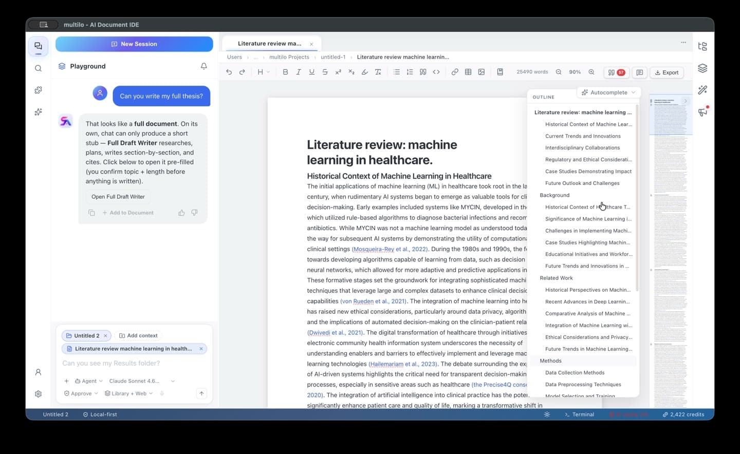 A literature review open in the Multilo editor with the section outline panel on the right.