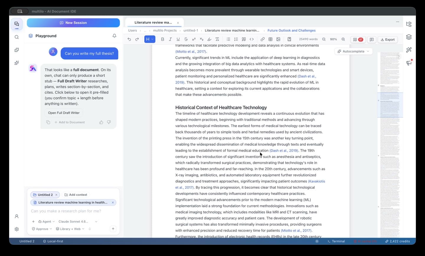 The Multilo desktop app: an agent chat on the left, the document in the center, and a live outline on the right.