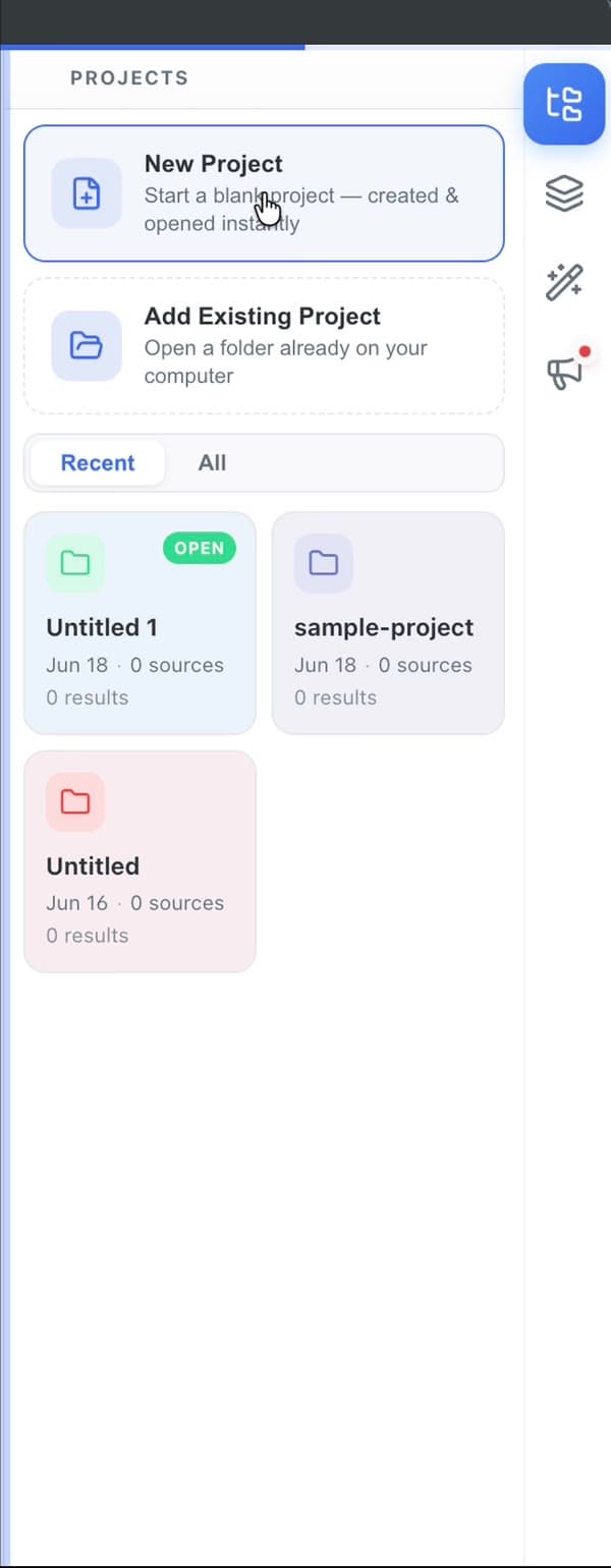 The Projects panel with New Project and Add Existing Project options above a list of recent projects.