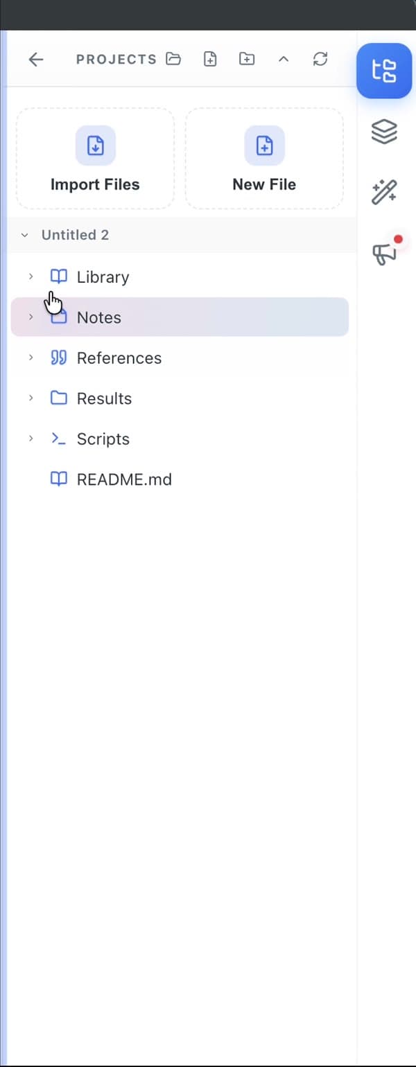 A project's file tree showing Library, Notes, References, Results, Scripts, and a README file.